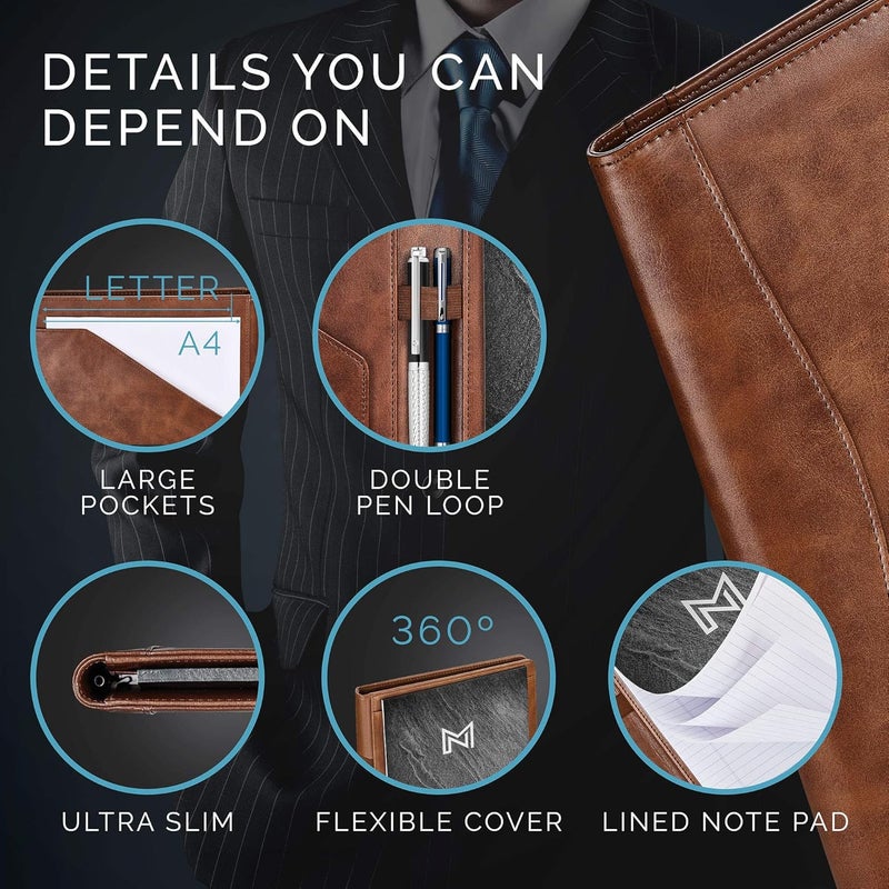 NERO MANETTI - Leather Portfolio Folder - Business PU Leather Notepad Holder for Resumes, Legal Pad Executive Binder, Professional Padfolio Notebook for Women/Men (Brown) - Image 5